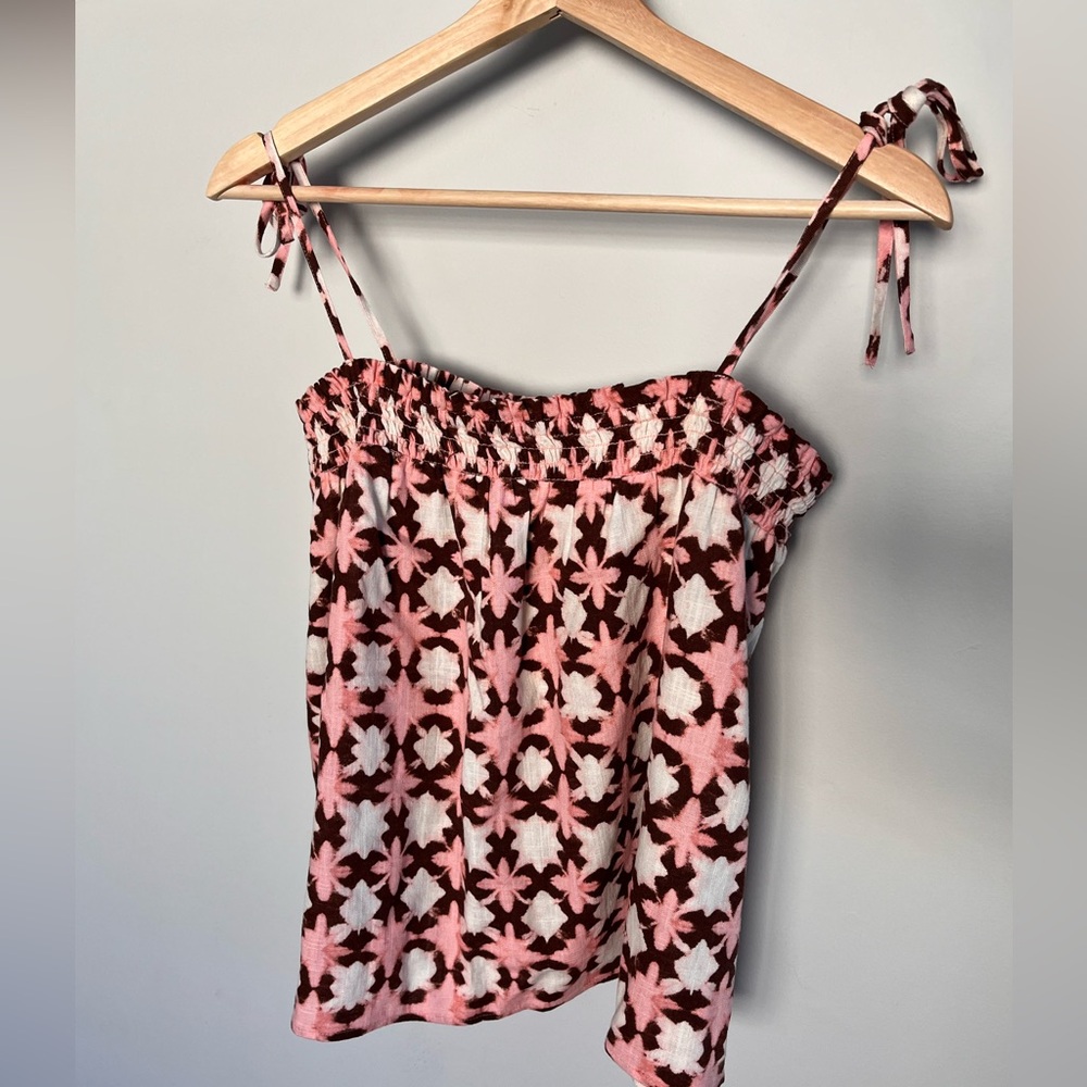 Loft Pink‎ Brown Geometric Ikat Print Tie Strap Cami Top Linen Blend NWT Medium